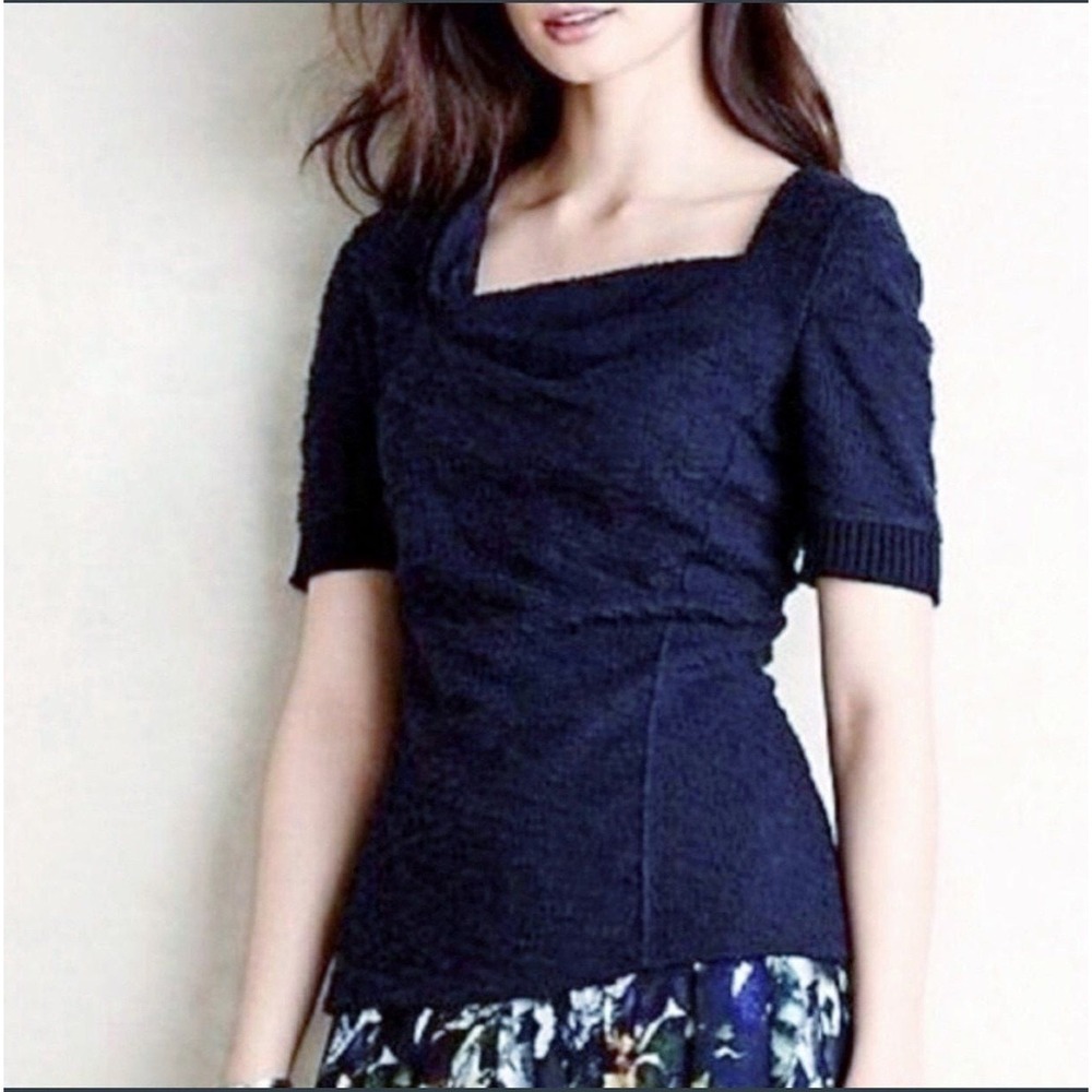 Postmark by Anthropologie Moth Textured Cowl Neck Puff Sleeve Top Navy Size L